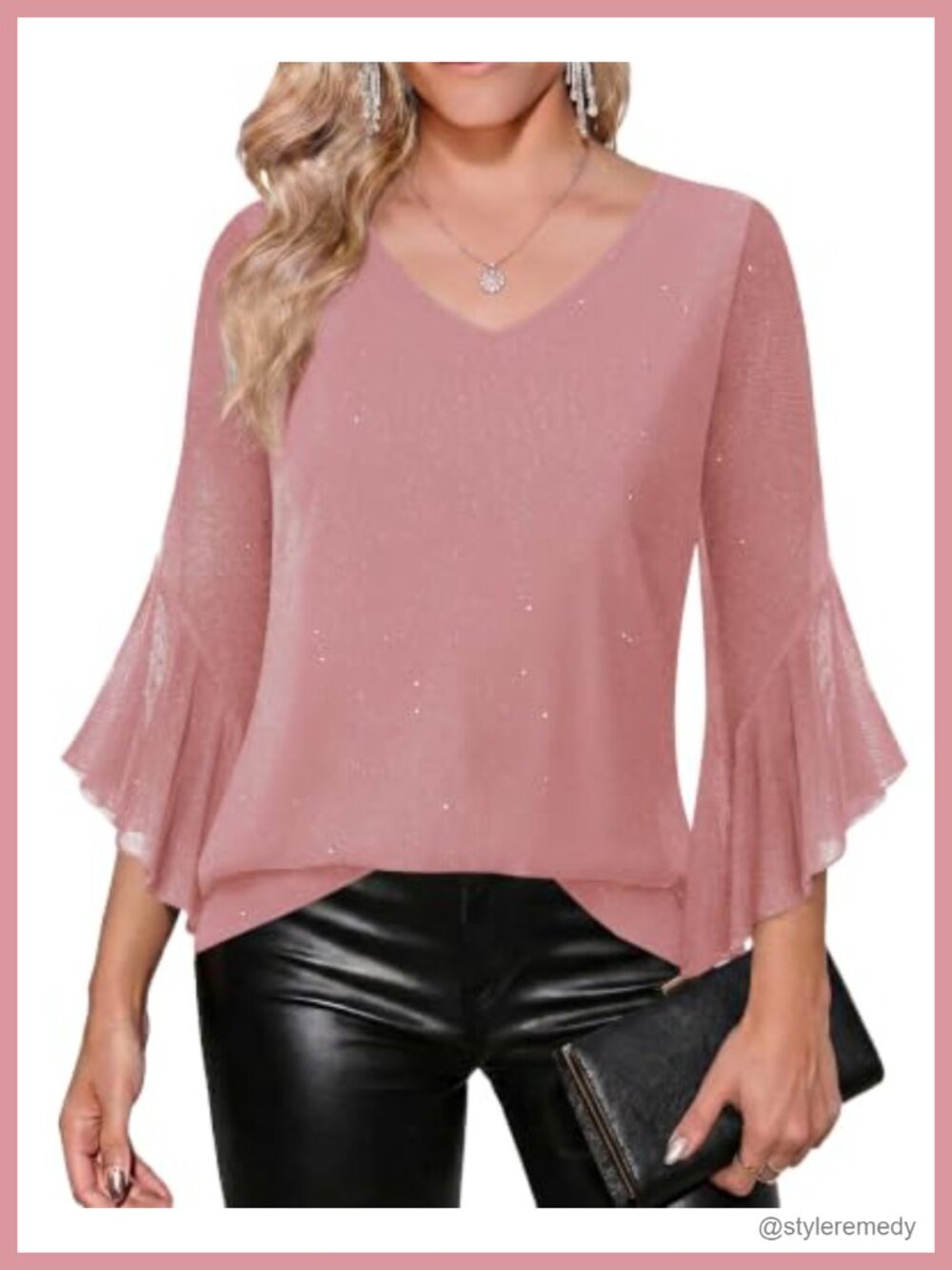 Womens Sequin Ruffle 3/4 Sleeve Blouse V Neck Mesh Top